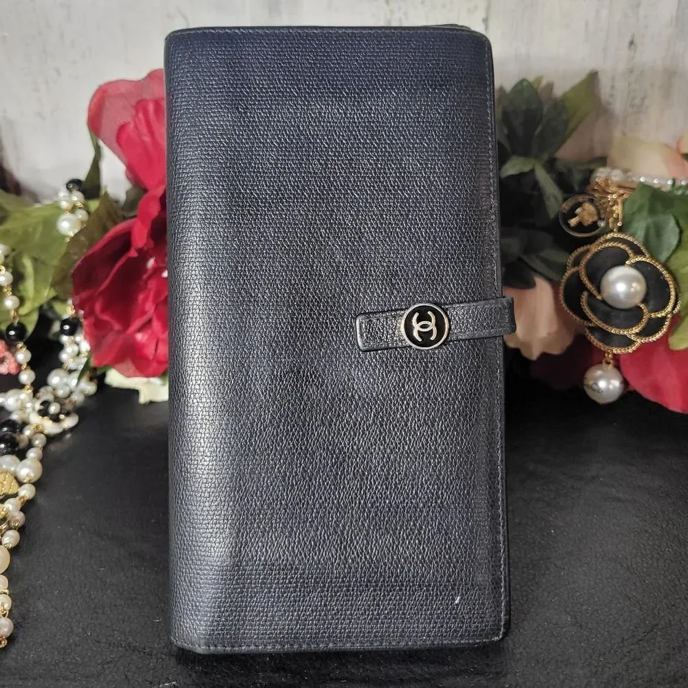 Chanel Calfskin Button Line CC Logo Long Flap Wallet with Dust Bag With COA